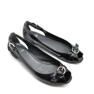 Stuart Weitzman Patent Leather Peep Toe Buckle Flats 8